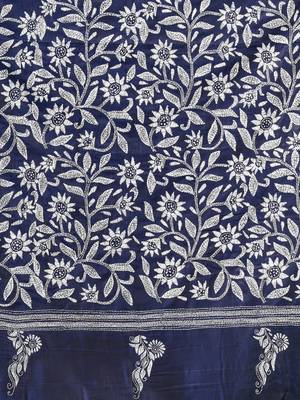 navy blue kantha stitch silk blend soft saree 4