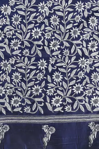navy blue kantha stitch silk blend soft saree
