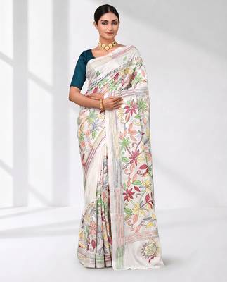white kantha stitch silk blend soft saree 1