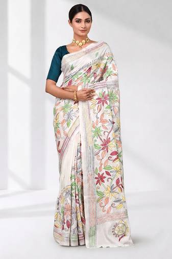 white kantha stitch silk blend soft saree