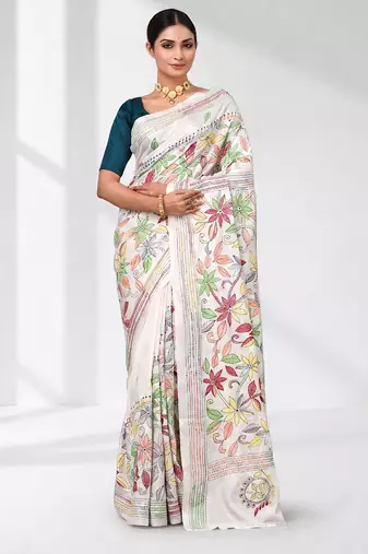 white kantha stitch silk blend soft saree