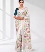 white kantha stitch silk blend soft saree