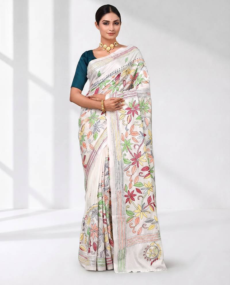 white kantha stitch silk blend soft saree