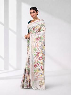 white kantha stitch silk blend soft saree 2