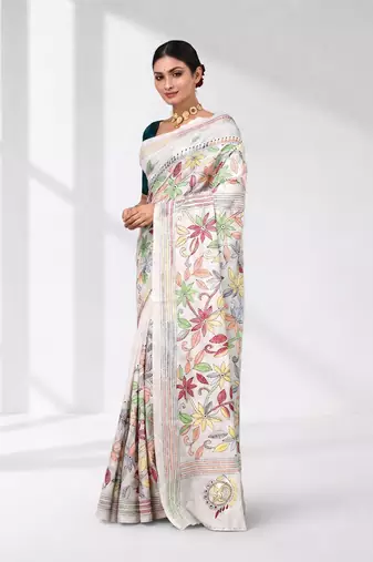 white kantha stitch silk blend soft saree
