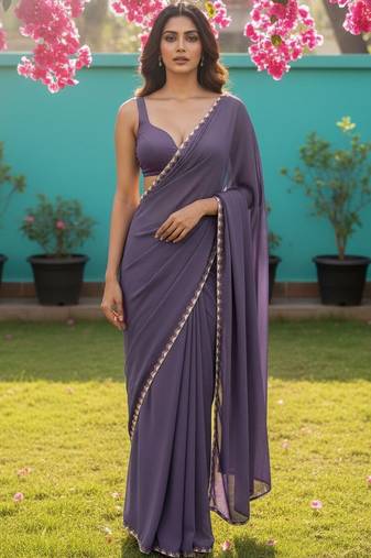 Purple Zari lace border Satin Saree with blouse 