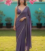 Purple Zari lace border Satin Saree with blouse 