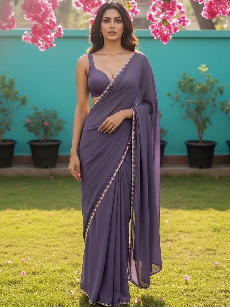 Purple Zari lace border Satin Saree with blouse 
