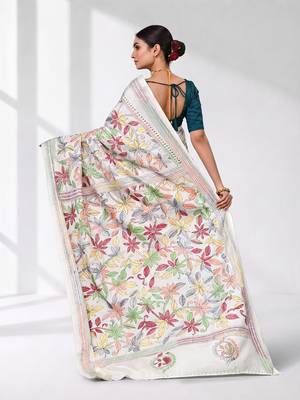 white kantha stitch silk blend soft saree 3