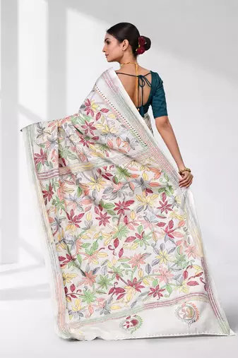 white kantha stitch silk blend soft saree