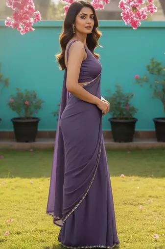 Purple Zari lace border Satin Saree with blouse 