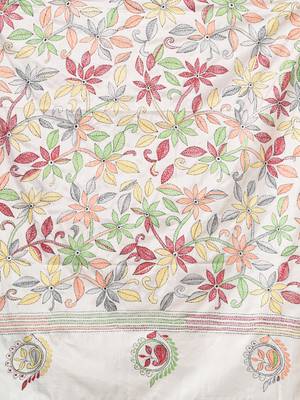 white kantha stitch silk blend soft saree 4