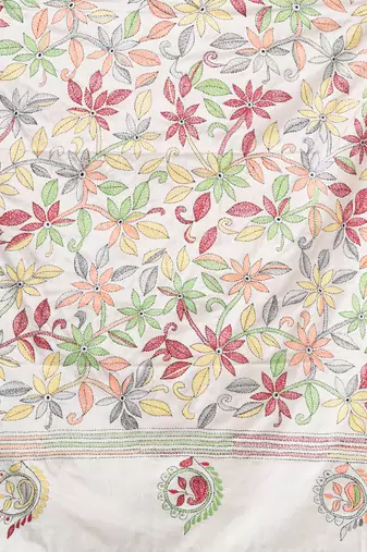 white kantha stitch silk blend soft saree