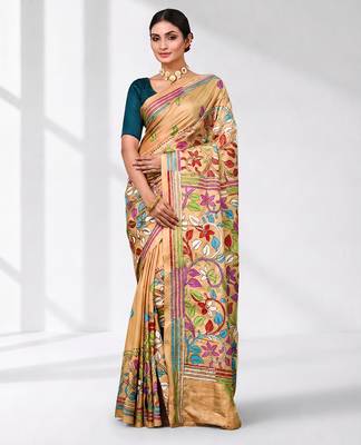 beige kantha stitch silk blend soft saree 1