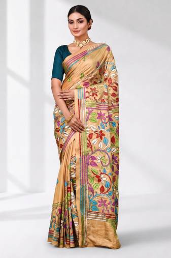 beige kantha stitch silk blend soft saree