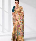 beige kantha stitch silk blend soft saree