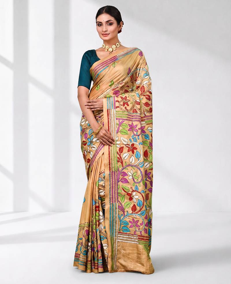 beige kantha stitch silk blend soft saree