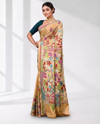 beige kantha stitch silk blend soft saree 2