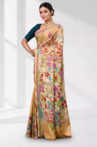 beige kantha stitch silk blend soft saree