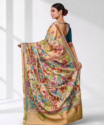 beige kantha stitch silk blend soft saree 3