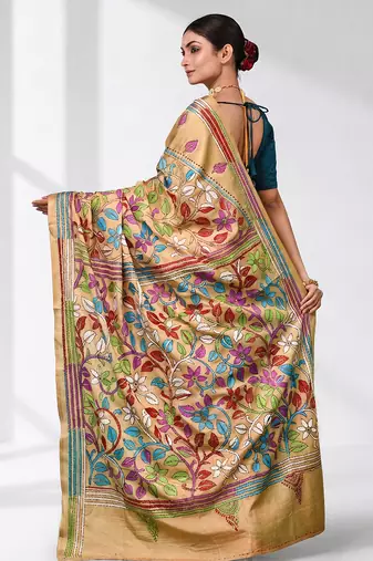 beige kantha stitch silk blend soft saree