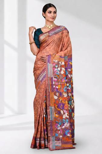 peach kantha stitch silk blend soft saree