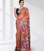 peach kantha stitch silk blend soft saree