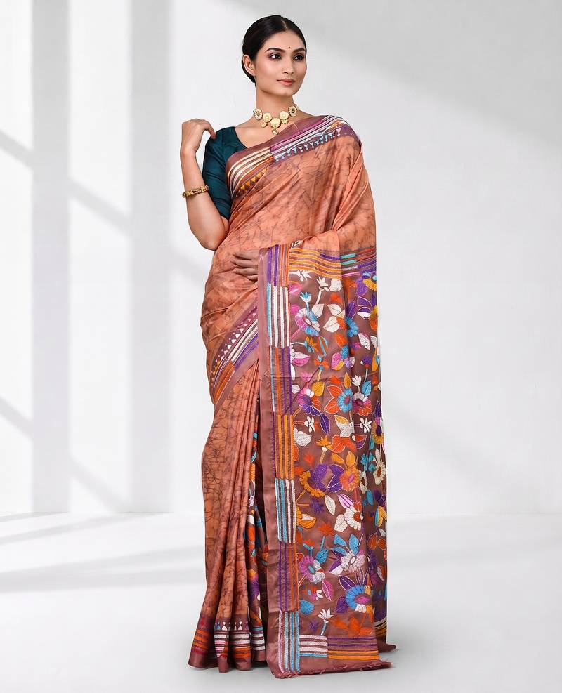 peach kantha stitch silk blend soft saree