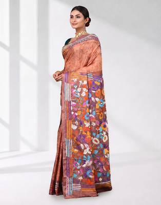 peach kantha stitch silk blend soft saree 2