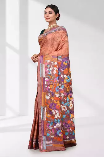 peach kantha stitch silk blend soft saree