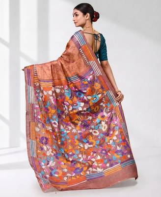 peach kantha stitch silk blend soft saree 3