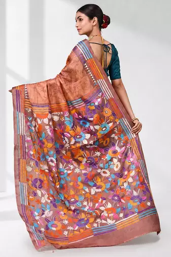 peach kantha stitch silk blend soft saree