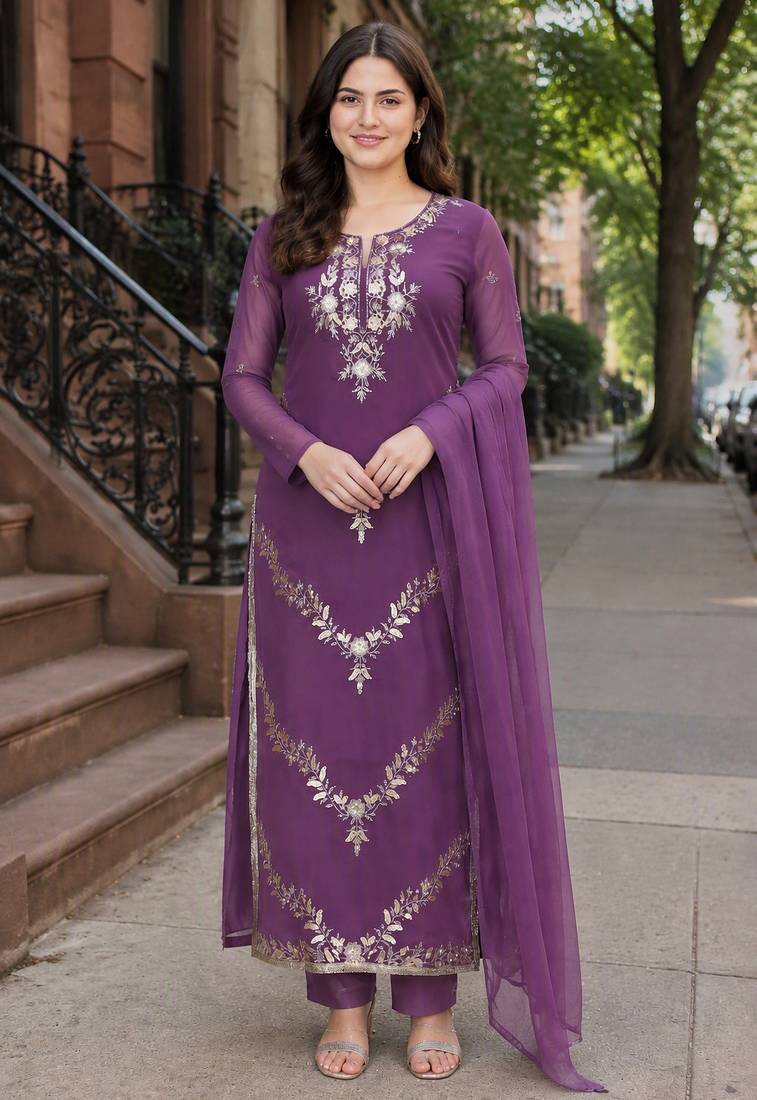 Purple georgette kurta with viscose bottom & nazmin dupatta