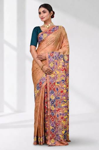 peach kantha stitch silk blend soft saree