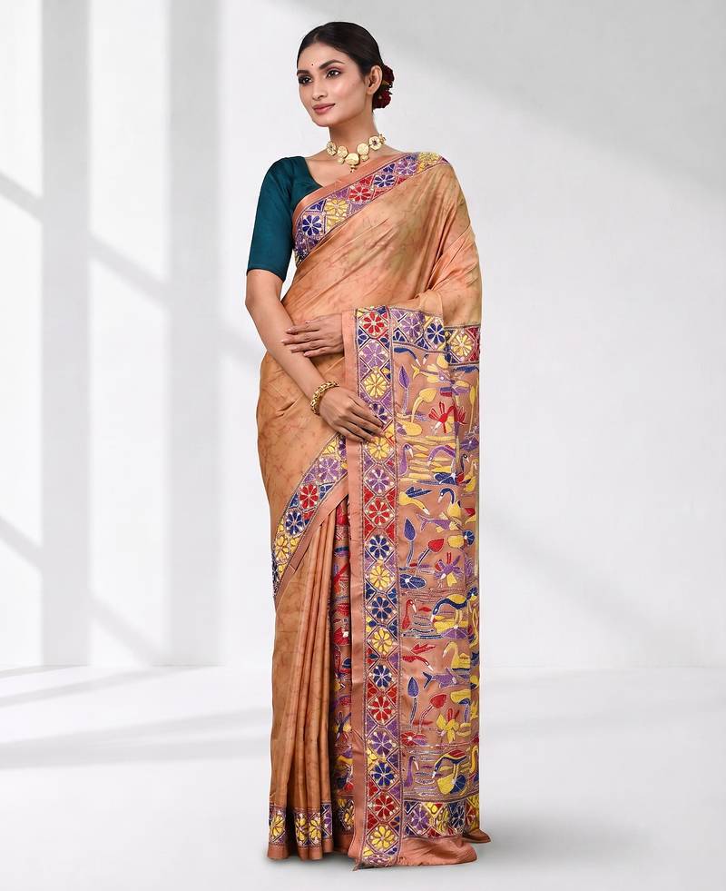 peach kantha stitch silk blend soft saree