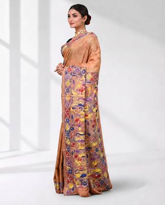 peach kantha stitch silk blend soft saree 2