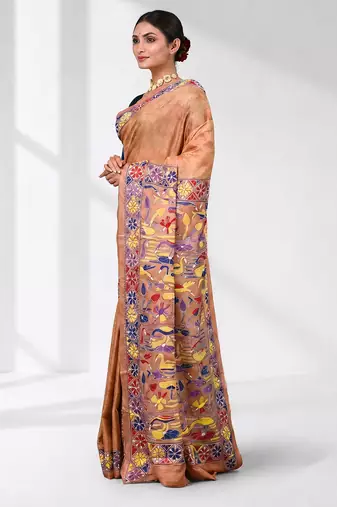 peach kantha stitch silk blend soft saree