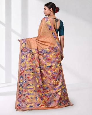 peach kantha stitch silk blend soft saree 3