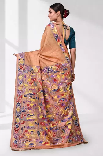 peach kantha stitch silk blend soft saree