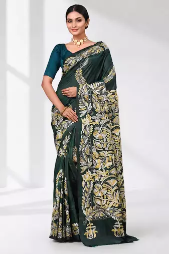 green kantha stitch silk blend soft saree