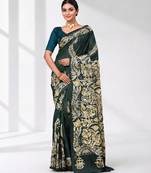 green kantha stitch silk blend soft saree