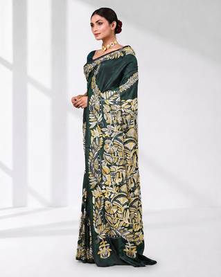 green kantha stitch silk blend soft saree 2
