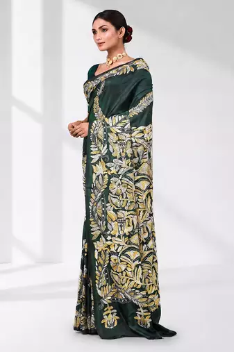 green kantha stitch silk blend soft saree