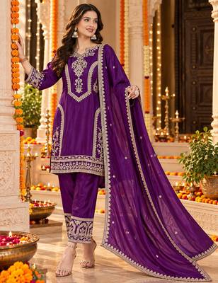 Women's stylish embroidered purple kurta pant with dupatta for festive look 1