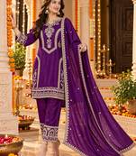 Women's stylish embroidered purple kurta pant with dupatta for festive look