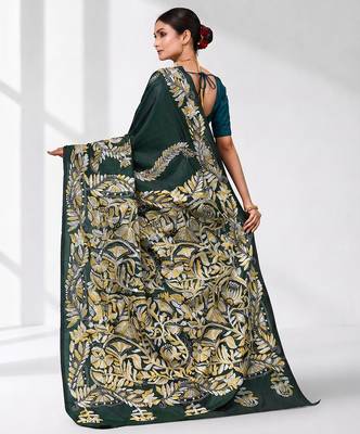 green kantha stitch silk blend soft saree 3