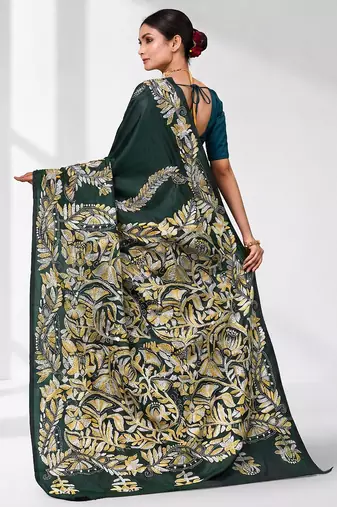 green kantha stitch silk blend soft saree