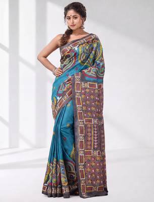 sky blue and grey kantha stitch handwoven saree 1