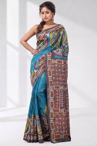 sky blue and grey kantha stitch handwoven saree