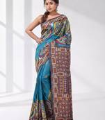 sky blue and grey kantha stitch handwoven saree
